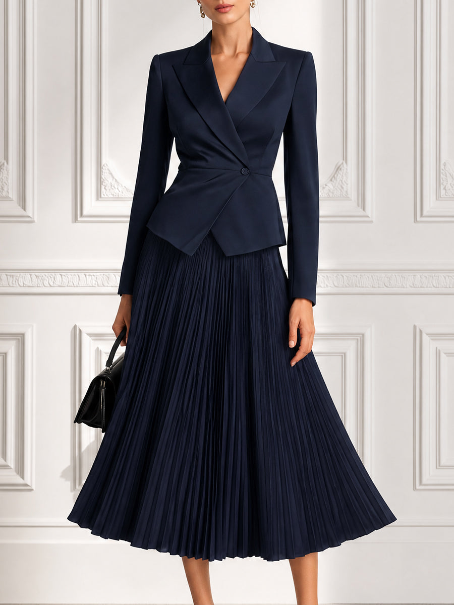 Tailored Blazer Pleated Midi Skirt Two-Piece Set