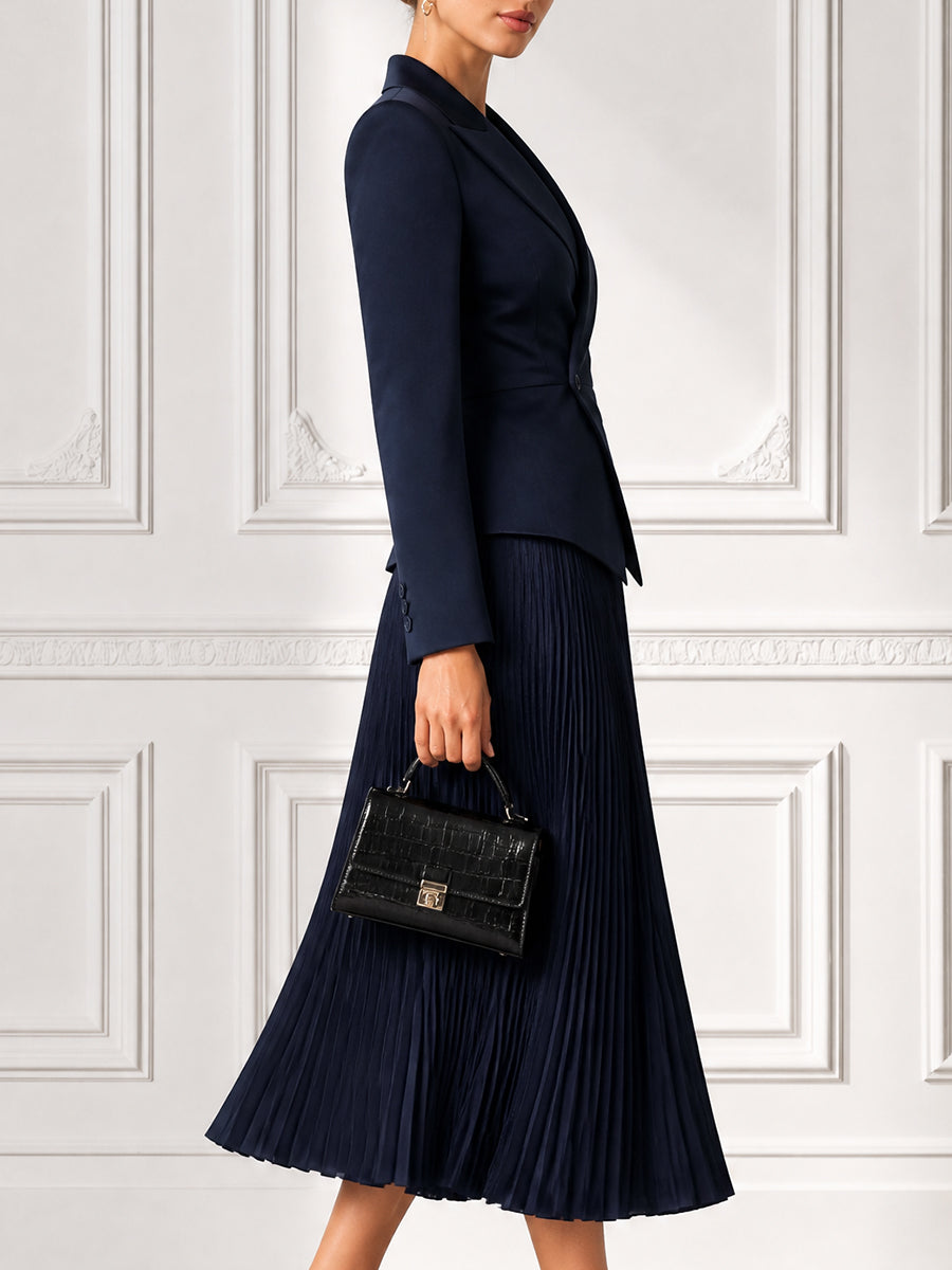 Tailored Blazer Pleated Midi Skirt Two-Piece Set