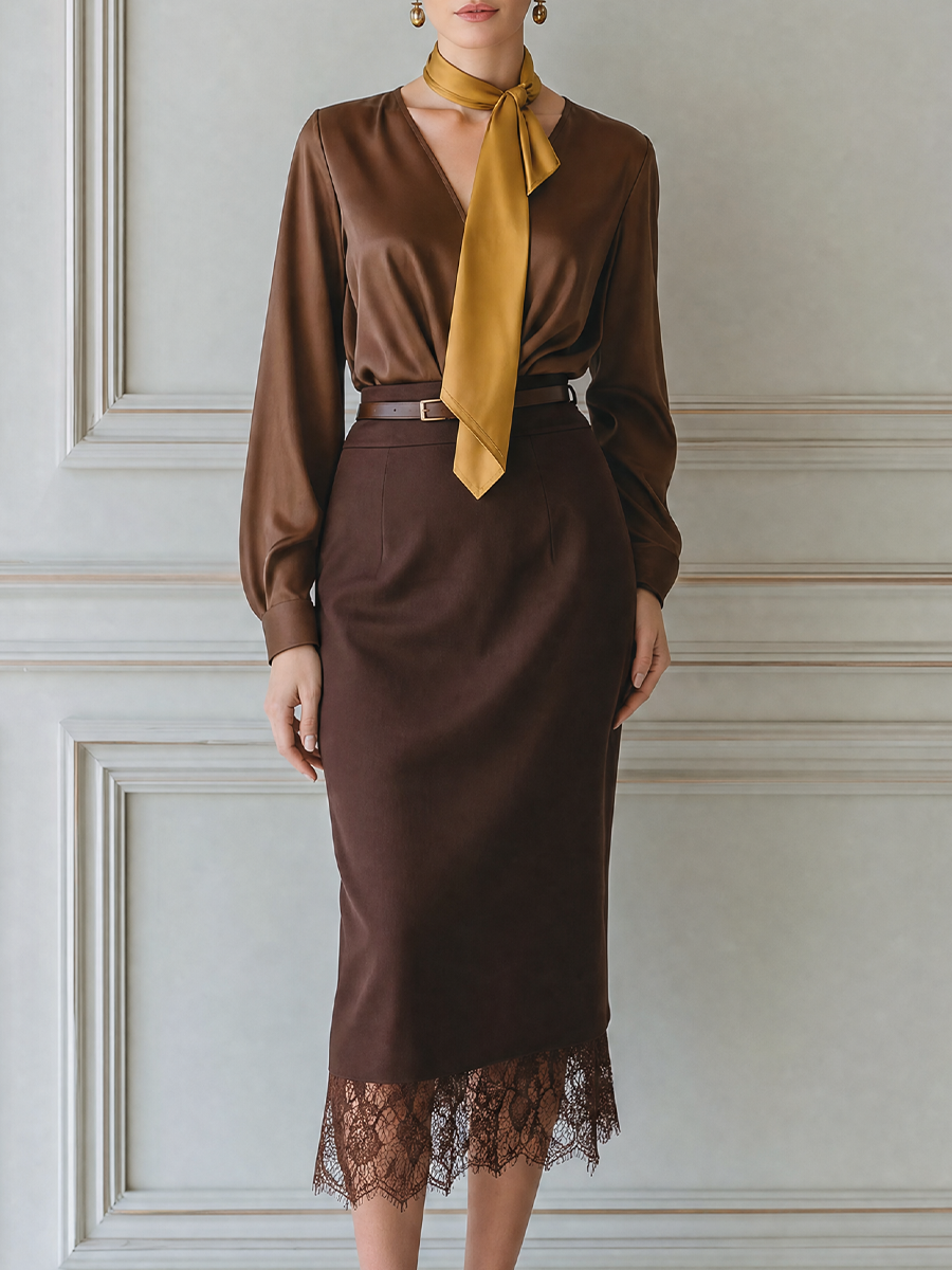 Satin V-Neck Blouse & Lace Hem Pencil Skirt Two-Piece Set