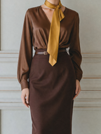 Satin V-Neck Blouse & Lace Hem Pencil Skirt Two-Piece Set