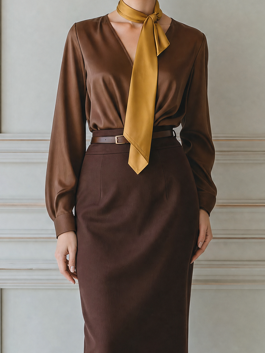 Satin V-Neck Blouse & Lace Hem Pencil Skirt Two-Piece Set