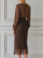 Satin V-Neck Blouse & Lace Hem Pencil Skirt Two-Piece Set