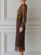 Satin V-Neck Blouse & Lace Hem Pencil Skirt Two-Piece Set
