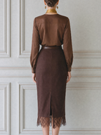 Satin V-Neck Blouse & Lace Hem Pencil Skirt Two-Piece Set