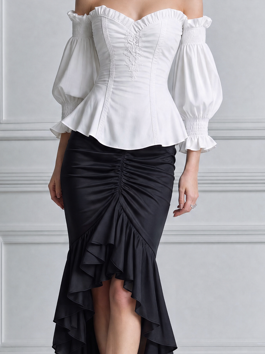 Off Shoulder Corset Top & Ruched Ruffle Mermaid Skirt Two-Piece Set