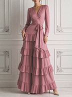 Pink Wrap Waist Tie Tiered Ruffle Maxi Dress