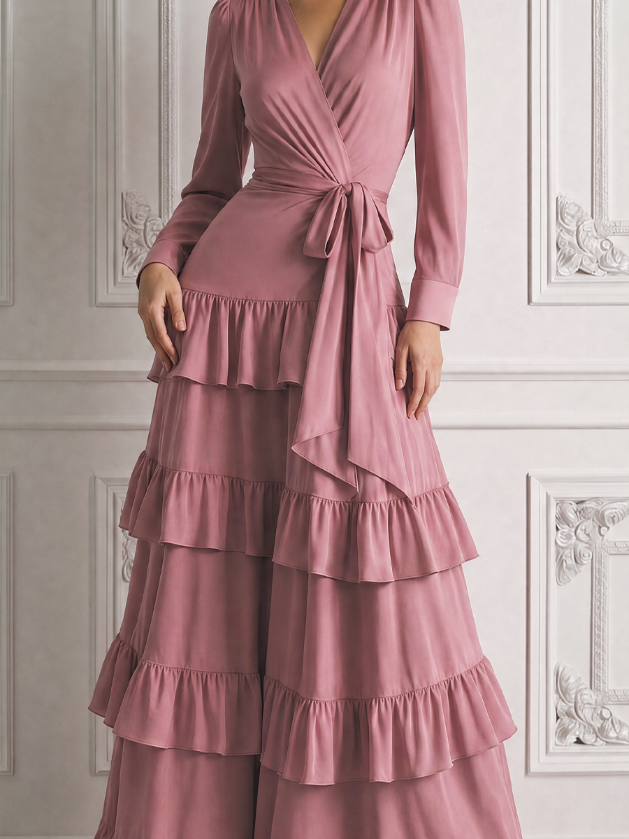 Pink Wrap Waist Tie Tiered Ruffle Maxi Dress