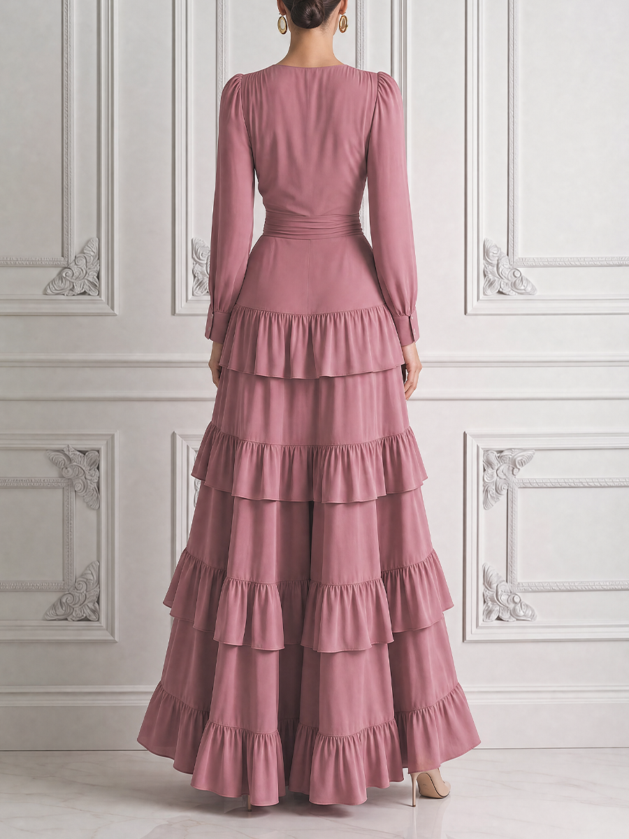Pink Wrap Waist Tie Tiered Ruffle Maxi Dress