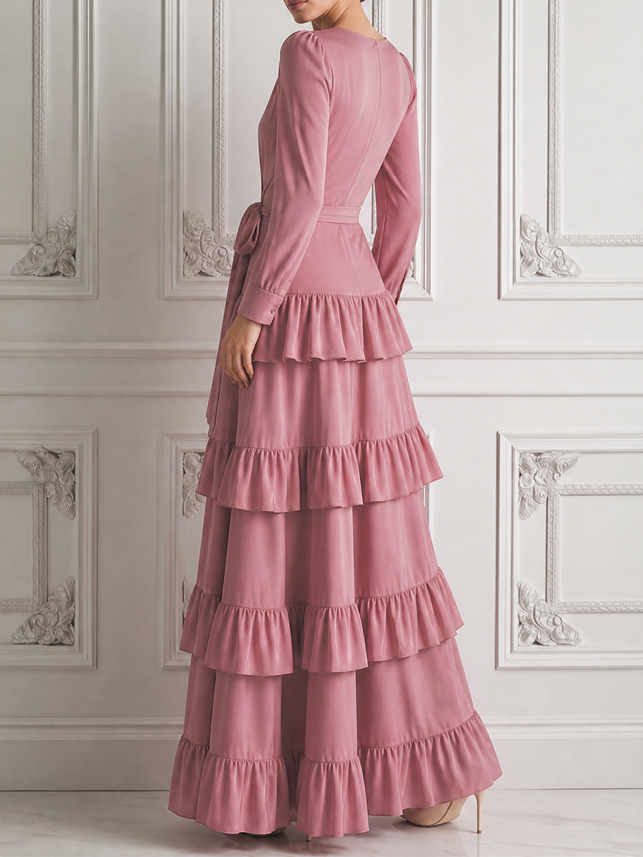 Pink Wrap Waist Tie Tiered Ruffle Maxi Dress