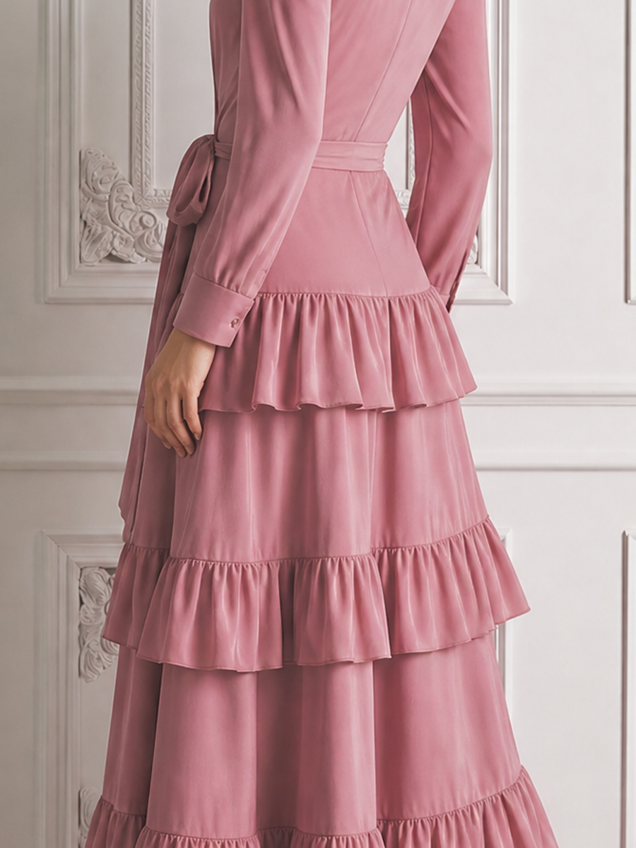 Pink Wrap Waist Tie Tiered Ruffle Maxi Dress