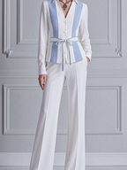 White Blue Vertical Stripe Belted Shirt Jacket & Wide Leg Pants Two-Piece Suit Set