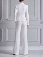 White Blue Vertical Stripe Belted Shirt Jacket & Wide Leg Pants Two-Piece Suit Set