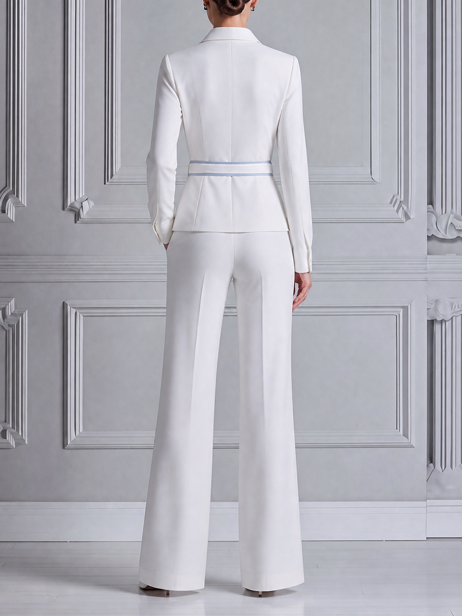 White Blue Vertical Stripe Belted Shirt Jacket & Wide Leg Pants Two-Piece Suit Set