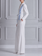 White Blue Vertical Stripe Belted Shirt Jacket & Wide Leg Pants Two-Piece Suit Set