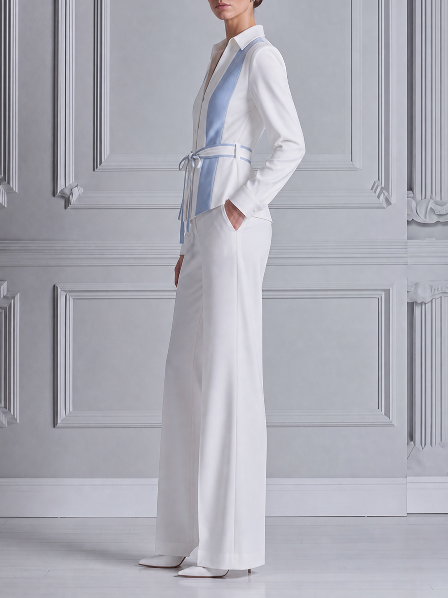White Blue Vertical Stripe Belted Shirt Jacket & Wide Leg Pants Two-Piece Suit Set