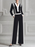 Black White Striped V-neck Top & Wide Leg Pants Two-Piece Suit Set
