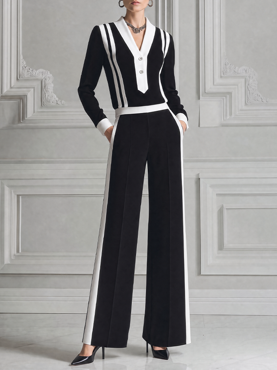 Black White Striped V-neck Top & Wide Leg Pants Two-Piece Suit Set