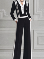 Black White Striped V-neck Top & Wide Leg Pants Two-Piece Suit Set