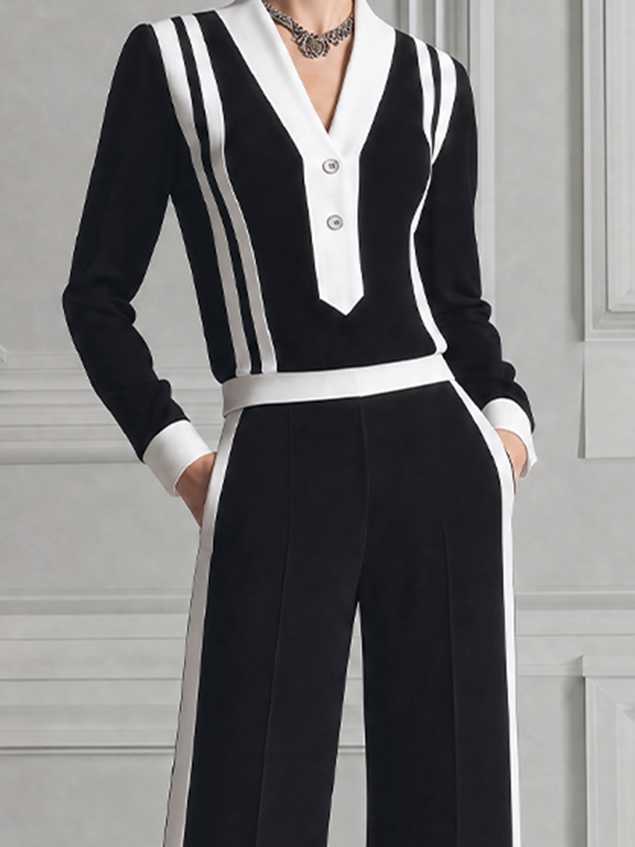 Black White Striped V-neck Top & Wide Leg Pants Two-Piece Suit Set