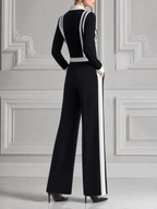 Black White Striped V-neck Top & Wide Leg Pants Two-Piece Suit Set
