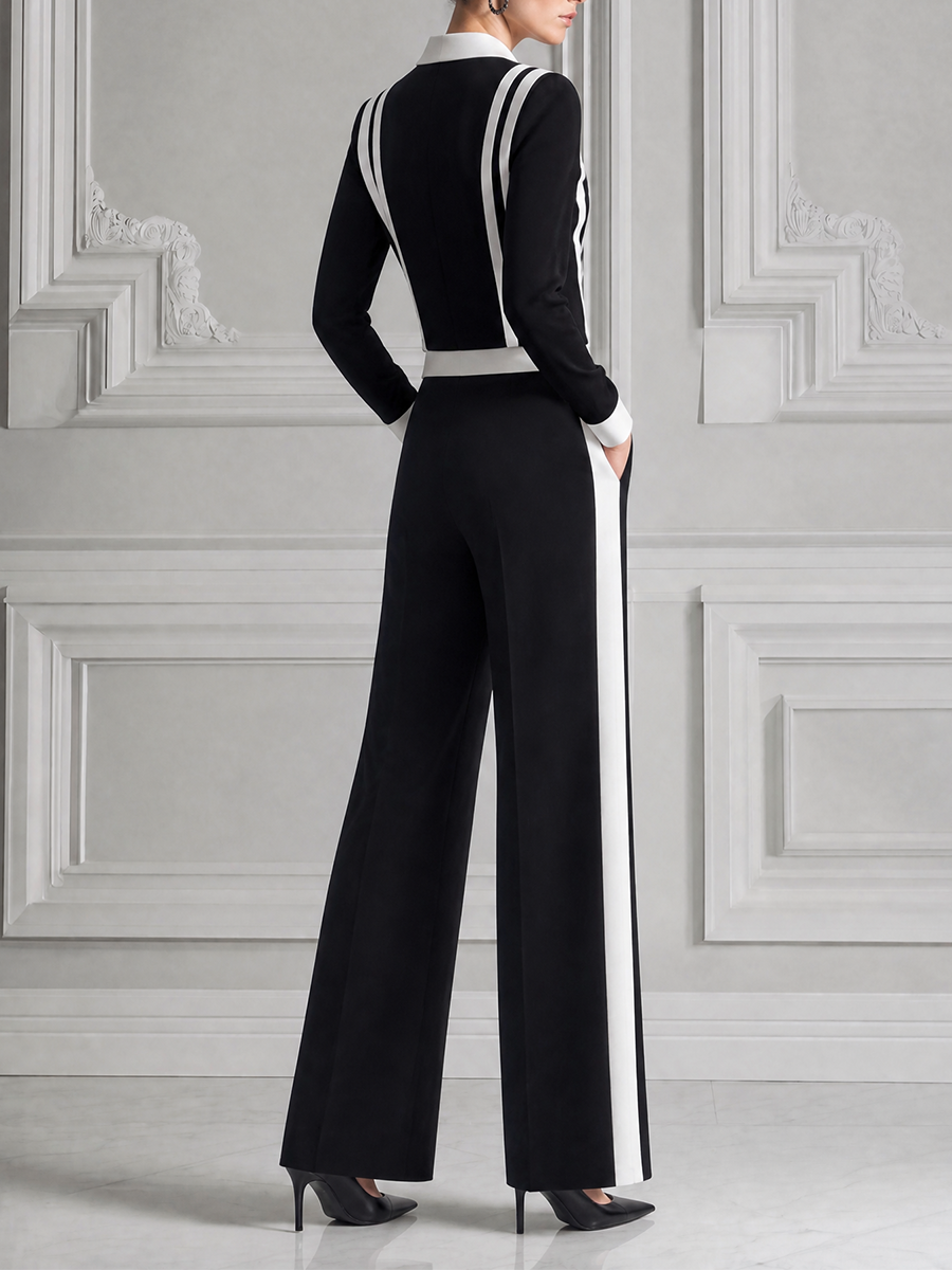 Black White Striped V-neck Top & Wide Leg Pants Two-Piece Suit Set