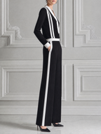 Black White Striped V-neck Top & Wide Leg Pants Two-Piece Suit Set