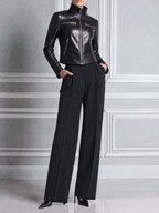 Black Leather Biker Jacket & Wide Leg Suit Pants Two-Piece Set
