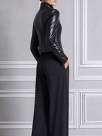 Black Leather Biker Jacket & Wide Leg Suit Pants Two-Piece Set