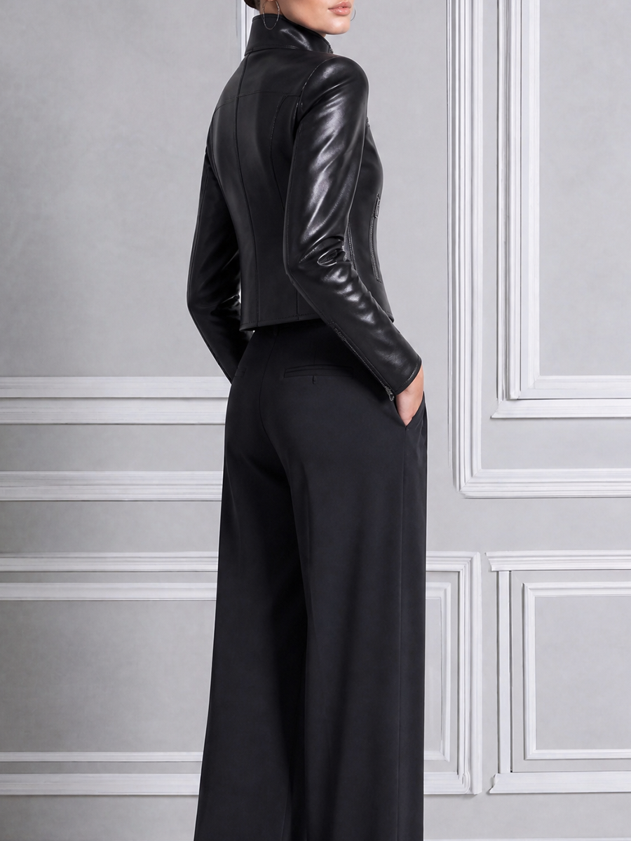 Black Leather Biker Jacket & Wide Leg Suit Pants Two-Piece Set
