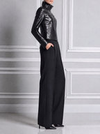 Black Leather Biker Jacket & Wide Leg Suit Pants Two-Piece Set