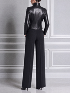 Black Leather Biker Jacket & Wide Leg Suit Pants Two-Piece Set