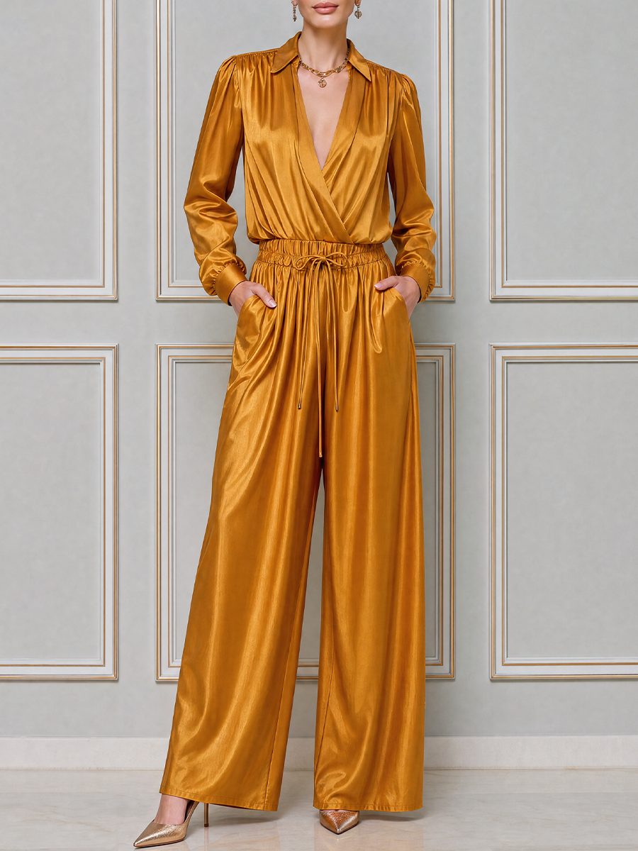 Golden Satin Wrap Top & Wide Leg Pants Set