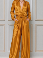 Golden Satin Wrap Top & Wide Leg Pants Set
