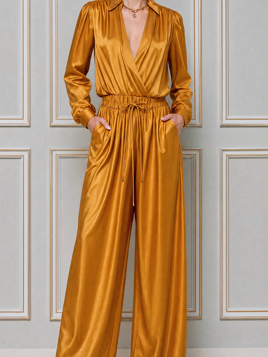Golden Satin Wrap Top & Wide Leg Pants Set