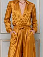 Golden Satin Wrap Top & Wide Leg Pants Set