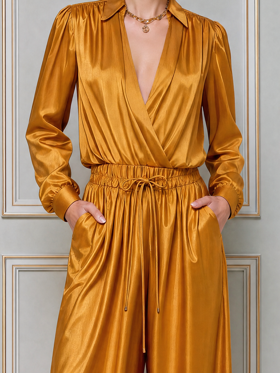 Golden Satin Wrap Top & Wide Leg Pants Set
