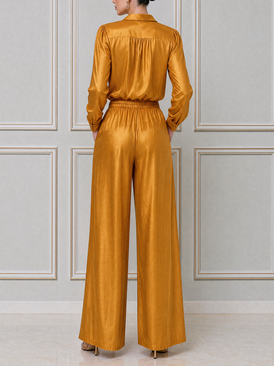 Golden Satin Wrap Top & Wide Leg Pants Set