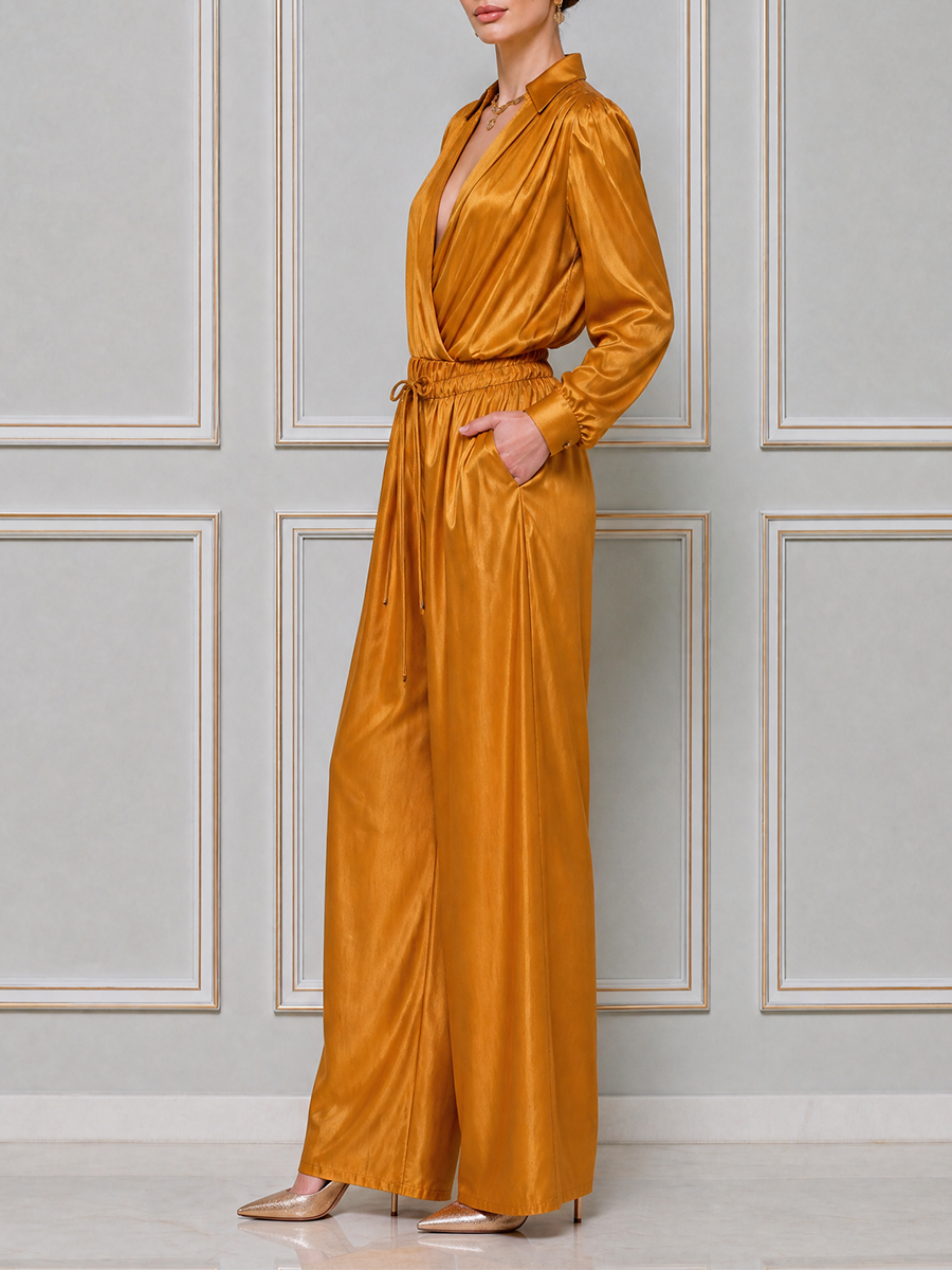 Golden Satin Wrap Top & Wide Leg Pants Set