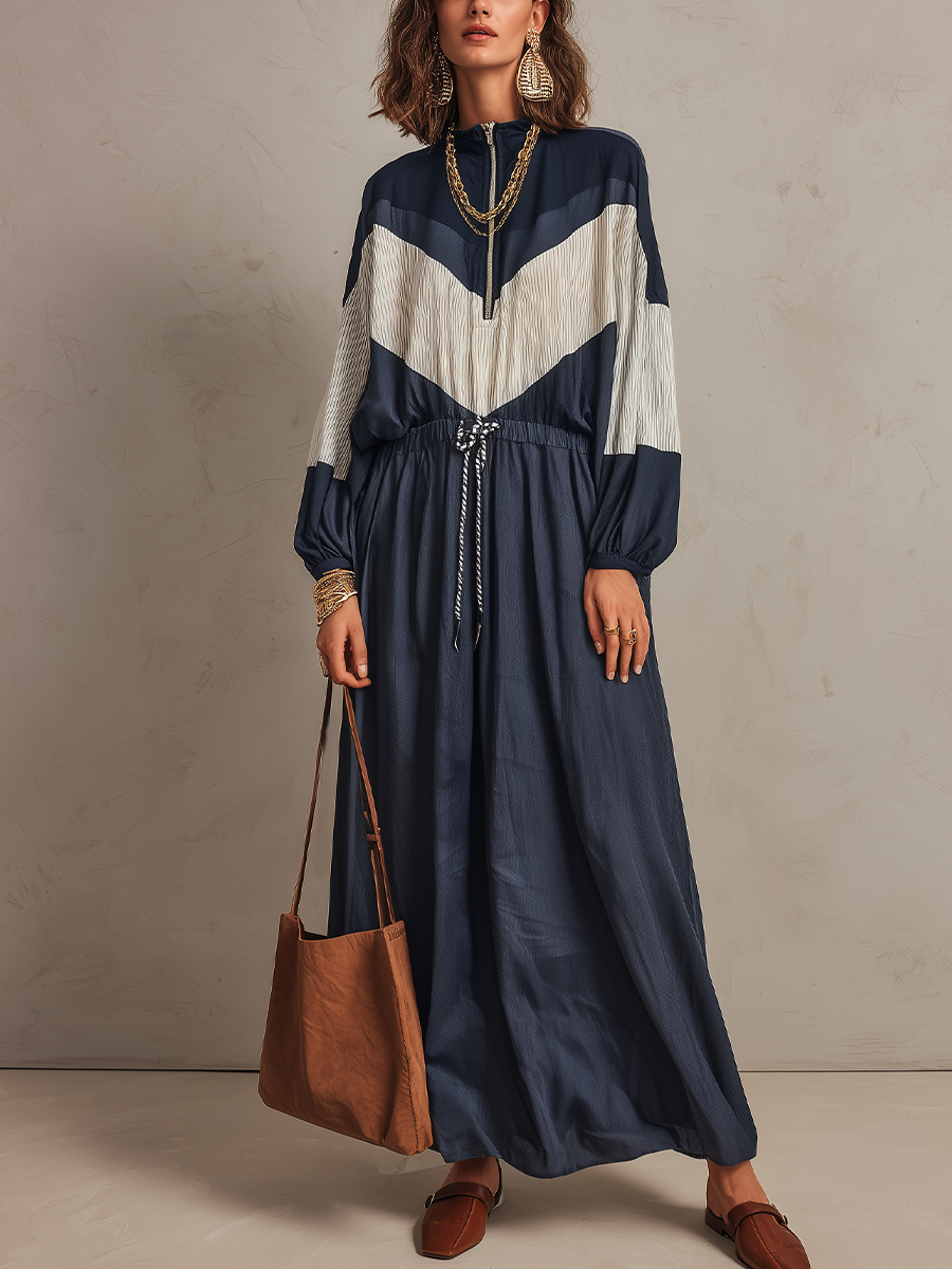 Relaxed Navy Blue Contrast Panel Drawstring Maxi Dress