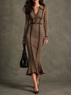 Vintage Taupe Ribbed Knit Contrast Piping Midi Mermaid Dress