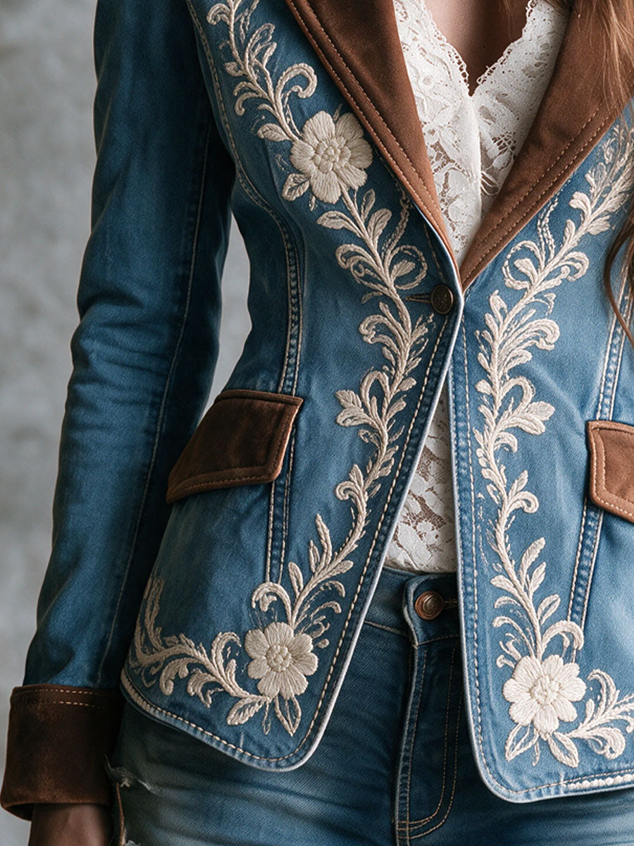 Vintage Cowboy Suede Lapel Floral Embroidery Denim Jacket