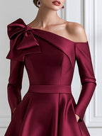 Satin Bow-Shoulder Off-the-Shoulder A-Line Midi Dress