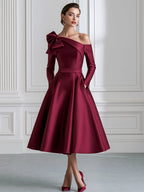 Satin Bow-Shoulder Off-the-Shoulder A-Line Midi Dress