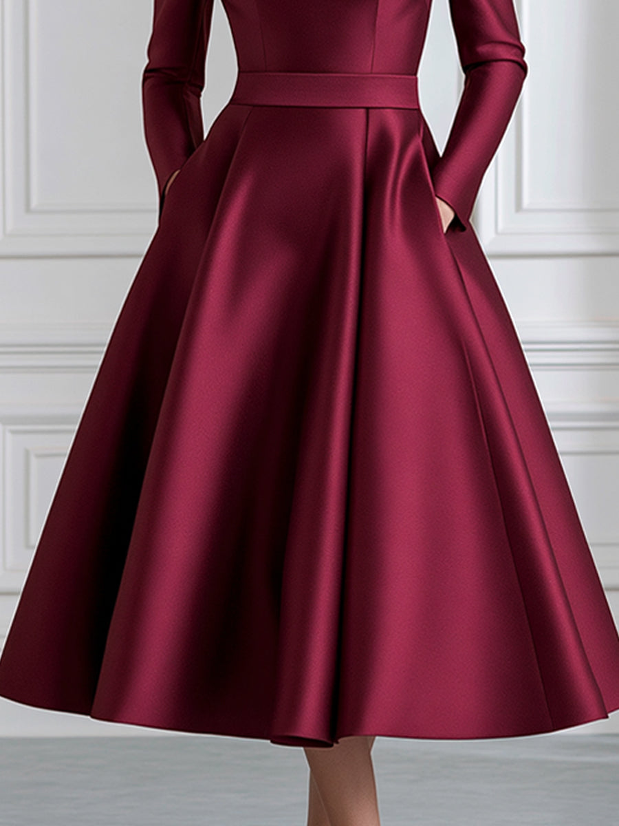 Satin Bow-Shoulder Off-the-Shoulder A-Line Midi Dress