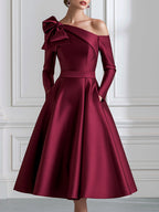 Satin Bow-Shoulder Off-the-Shoulder A-Line Midi Dress