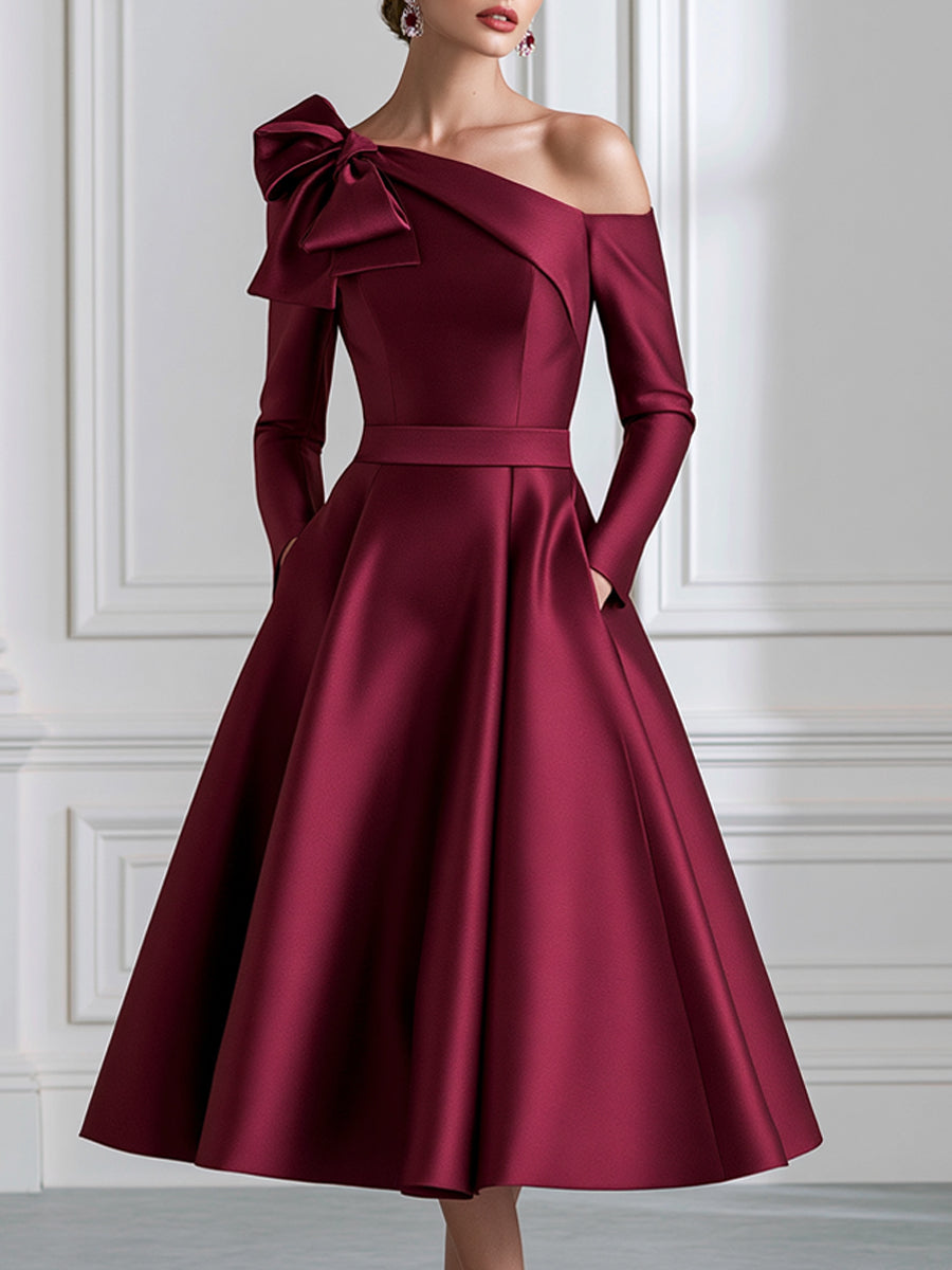 Satin Bow-Shoulder Off-the-Shoulder A-Line Midi Dress