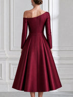 Satin Bow-Shoulder Off-the-Shoulder A-Line Midi Dress