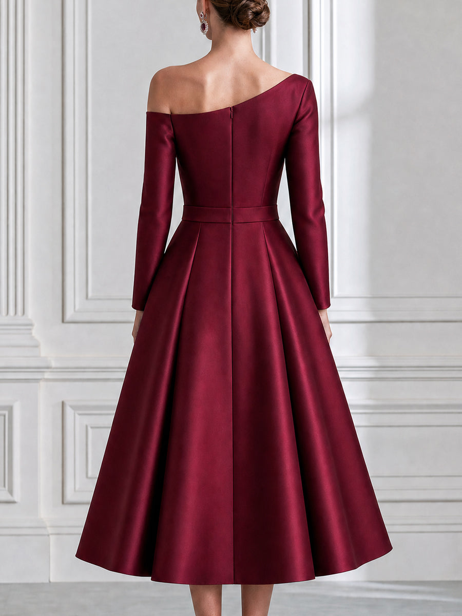 Satin Bow-Shoulder Off-the-Shoulder A-Line Midi Dress
