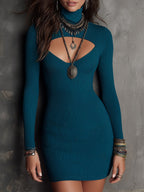Elegant Ribbed Knit Slim-fit Mini Dress With A Keyhole Neckline