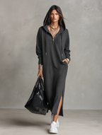 Women's Zip-Up Hooded Sweater Side Slit Maxi Dress